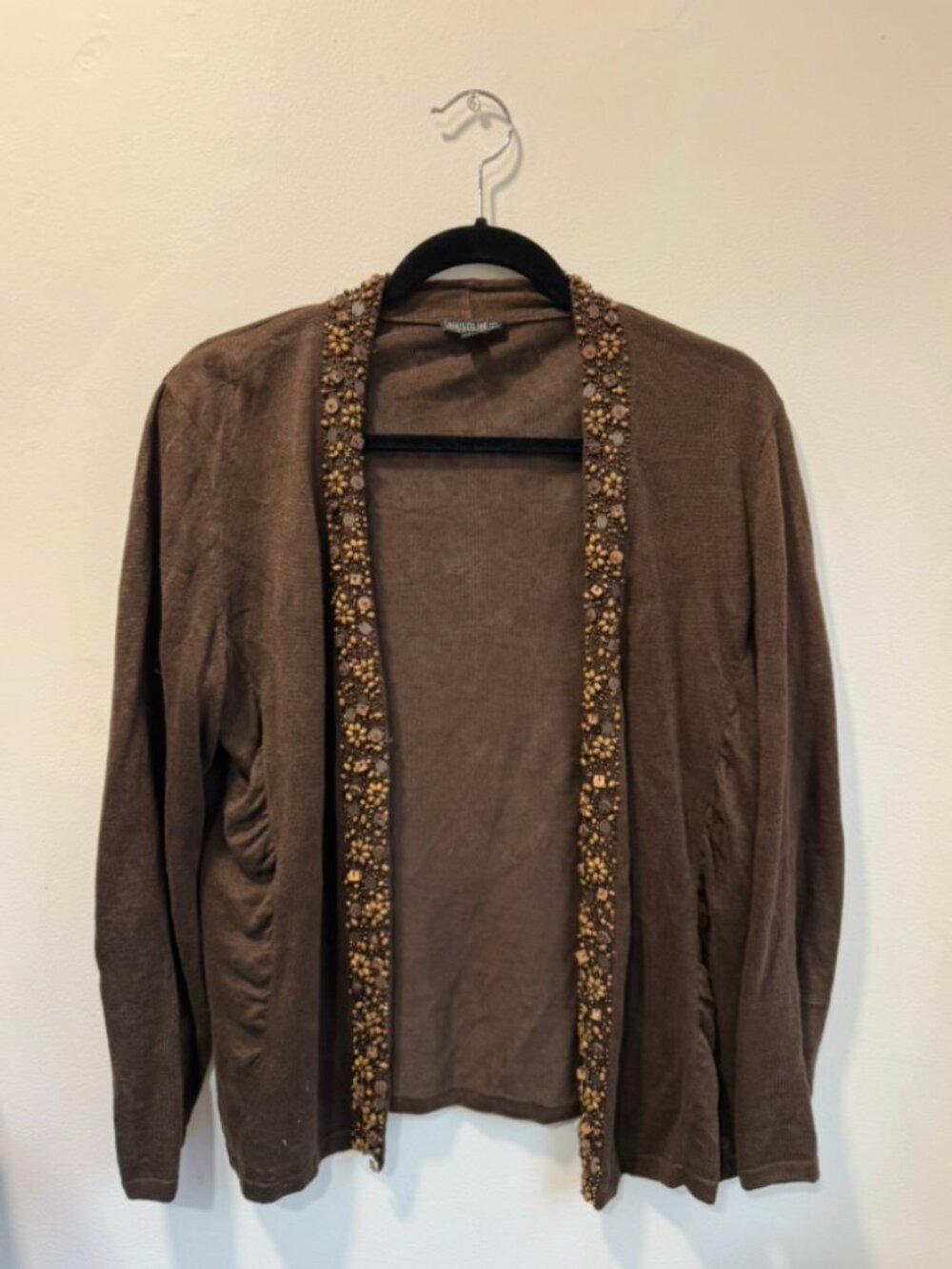 LAFAYETTE 148 Long Sleeve Brown Knit Cardigan w/ Beading Detail (LG)